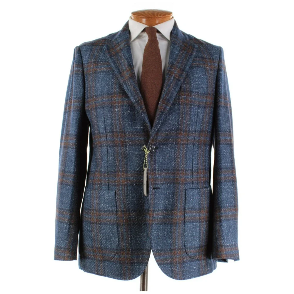 Sartorio Kiton NWT Wool Blend Sport Coat Size 52R (42R US) In Blue w Brown Plaid